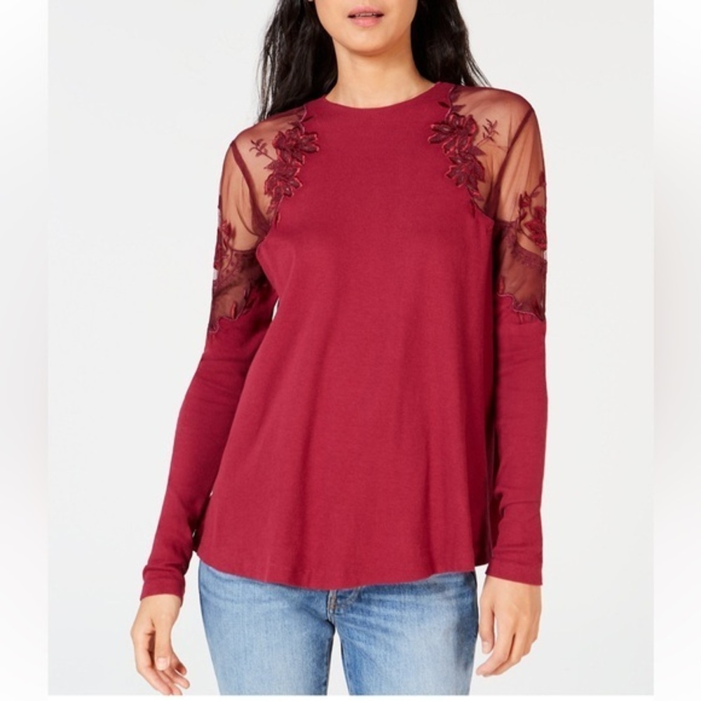 Free People Burgundy Embroidered Illusion Top  Size XS